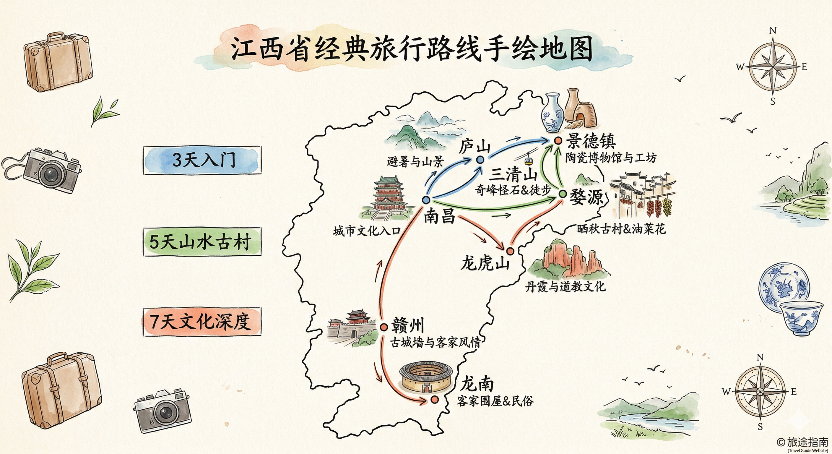 江西经典行程路线手绘地图
